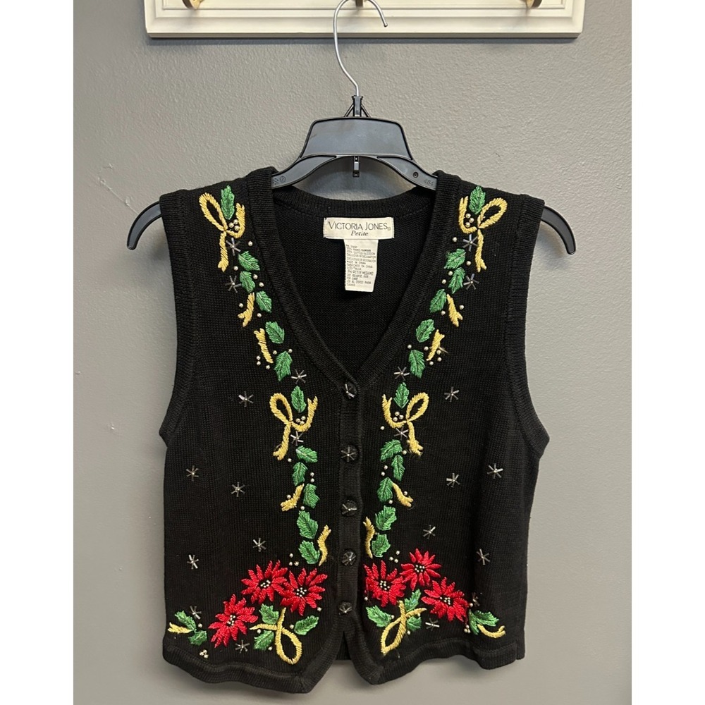 Vtg 90's Victoria Jones Christmas Sweater Sz M Petite Vest Blk Beaded Poinsettia
